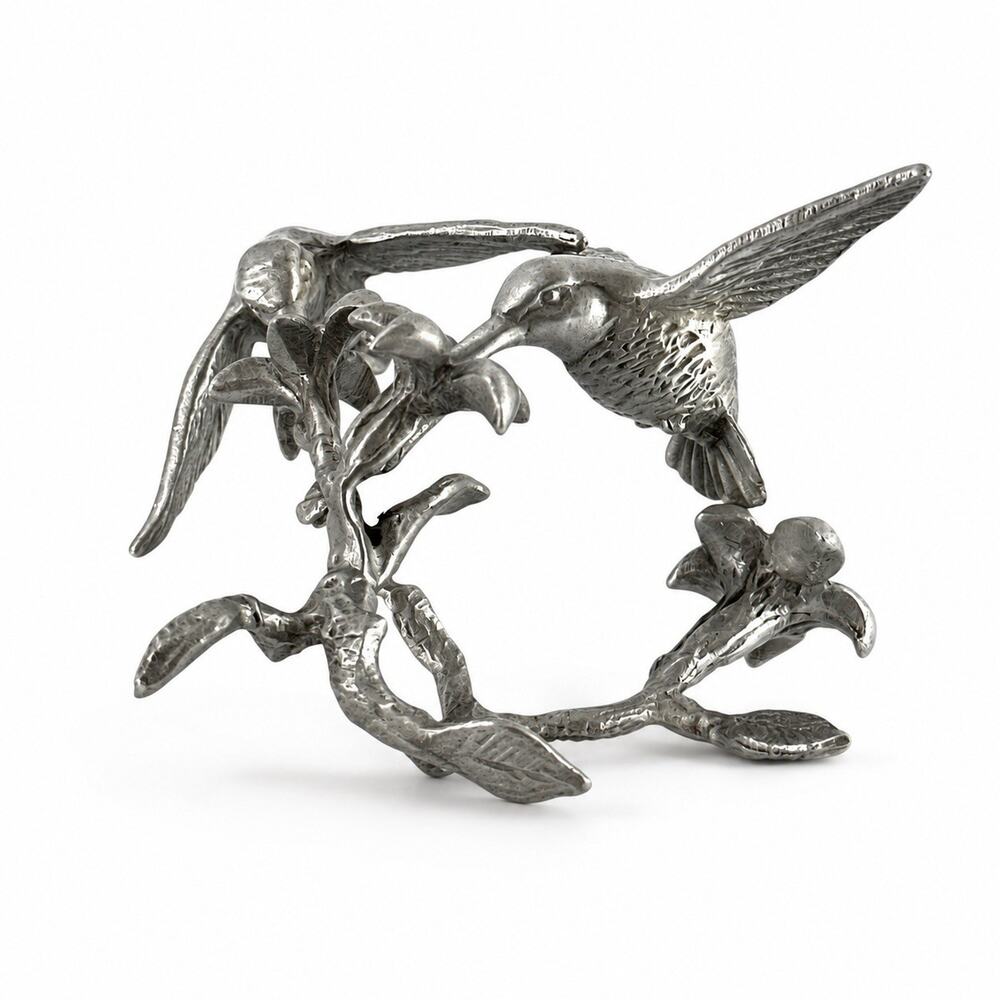 Cast Aluminum Hummingbird & Flower Sculpture Figurine Silver Tone Nature Decor